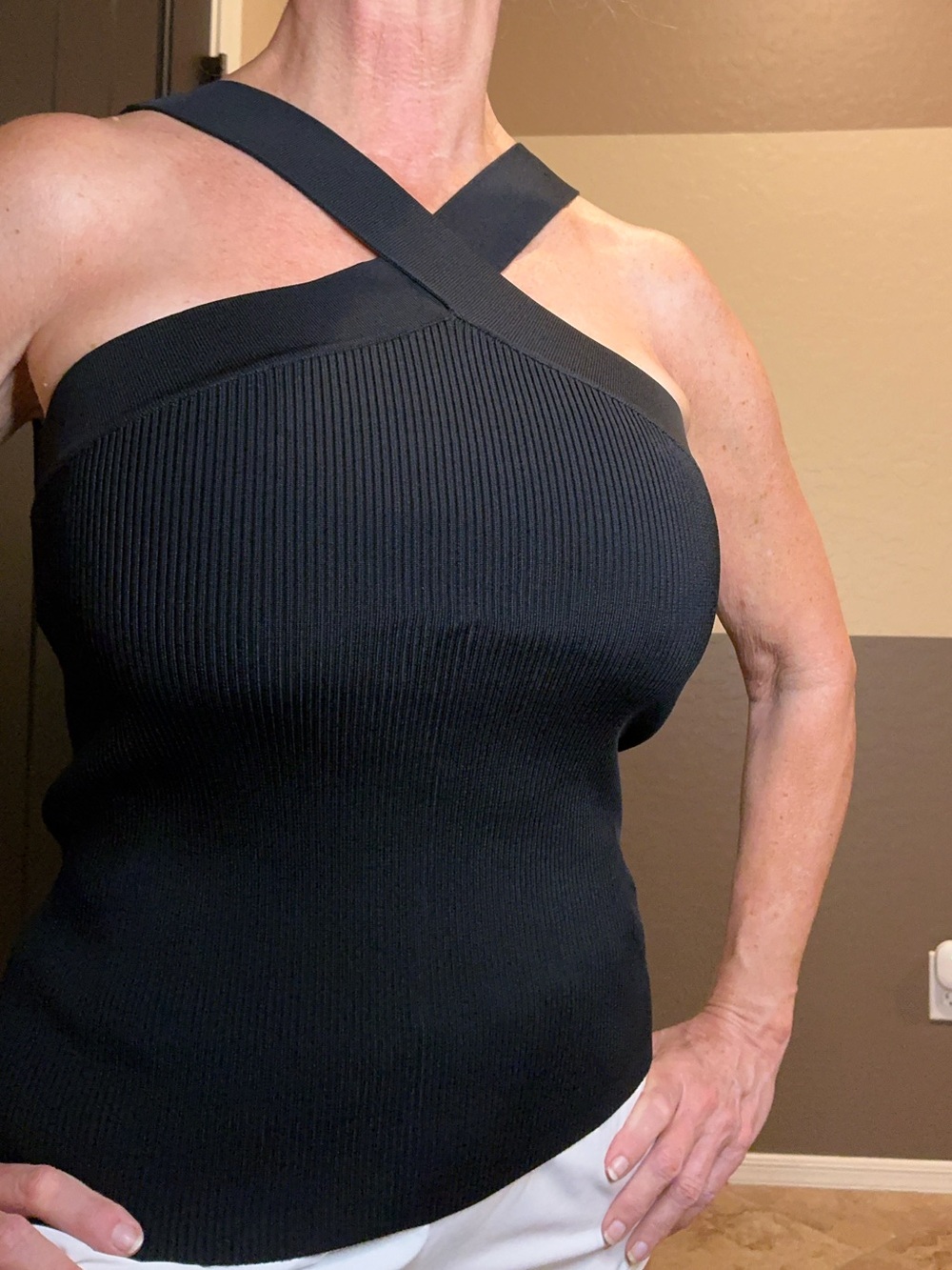 INC International Concepts Black Ribbed Crisscross Halter Top